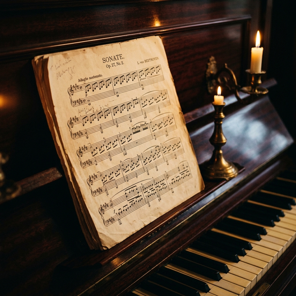 Vintage sheet music on piano keys